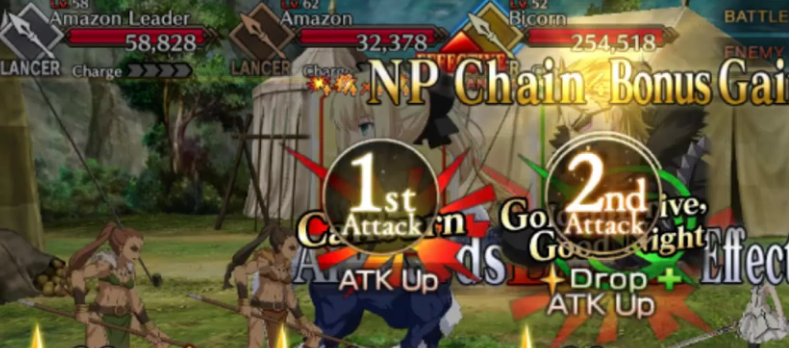 This is an example where the high HP mob was already on the right upon entering the wave, but if it was in the middle, you'd have to select it before using Kintoki's NP and then Saber Lily's NP. Using Saber Lily's AoE NP before Kintoki's ST NP would allow you to skip targeting the middle mob in this scenario. Image source: Hong