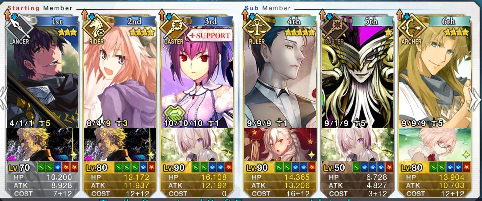 Astolfo's battery doesn't actually need to be lored in many cases as he will refund at least 3% from his first NP on 3 mob waves. In this setup, Hektor can provide an NP damage buff to stack multiplicatively with the attack / def down and quick buffs from Astolfo and Skadi.